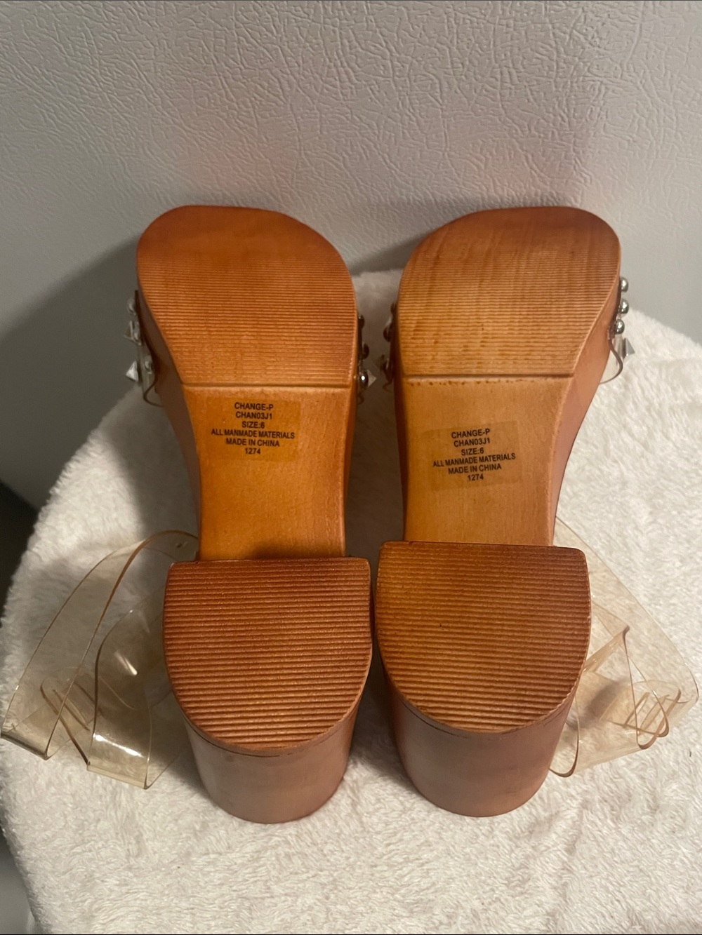 Madden Girl Clear Strap Platform Sandals - Tan Wood Heel - Picture 7 of 7